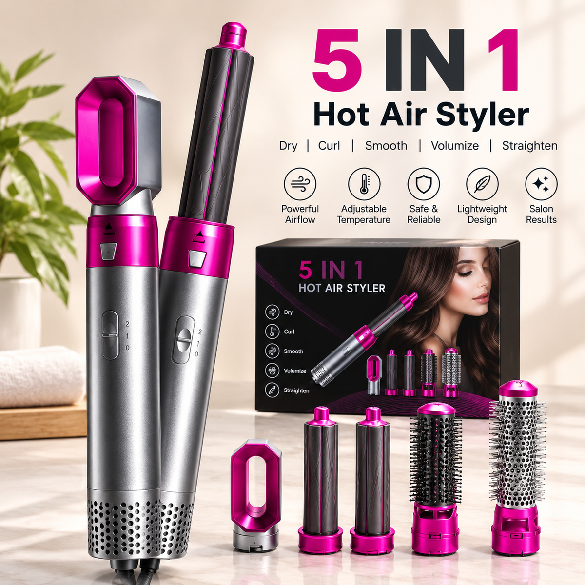5-in-1 Hot Air Styler – Hair Dryer, Curling & Volumizing Brush
