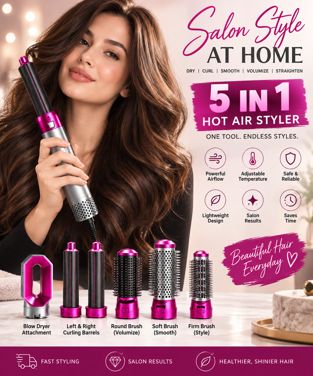 5-in-1 Hot Air Styler – Hair Dryer, Curling & Volumizing Brush